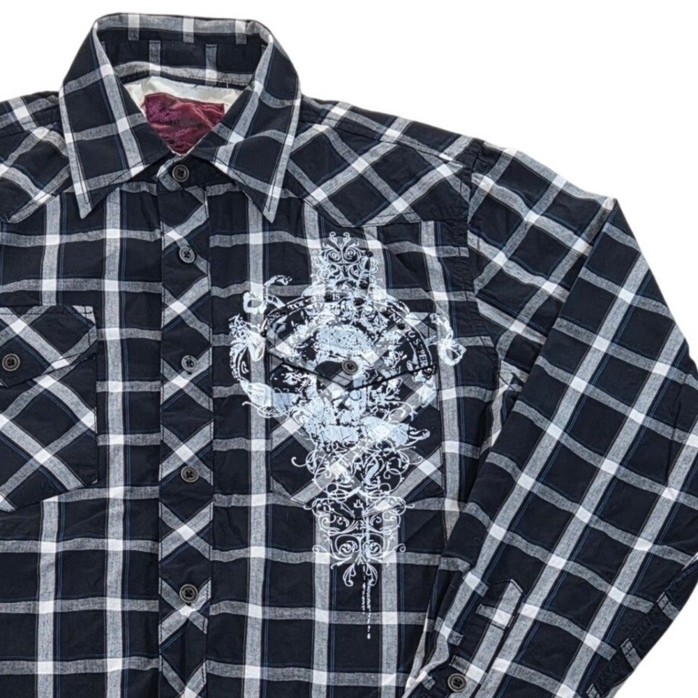 Modern Culture Black Plaid Graphic‎ Long Sleeve Button Down Shirt Mens Large